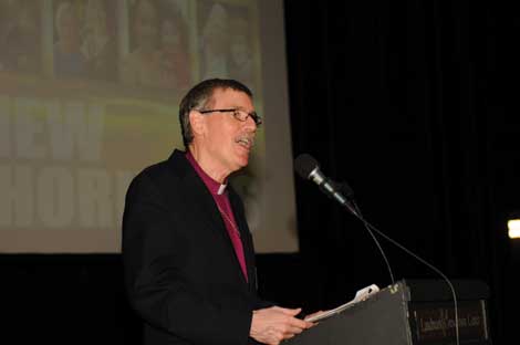 Bishop Richard E. Jaech of the Evangelical Lutheran Church in America Southwestern Washington Synod was the master of ceremonies for a crowd of more than 300 guests at the New Horizons fund-raising brunch. 