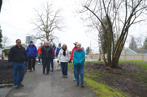 Daffodil Valley Volkssport Association walkers take a walk each week on the Riverwalk Trail in Puyallup, starting at Veterans Park. An estimated 300 people walk the paved path along the Puyallup River each week. (Joan Cronk/for Senior Scene) 